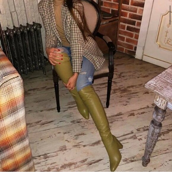 ZARA NWT GREEN LEATHER HIGH HEEL BOOTS OVER THE KNEE SIZE US7.5/38 Bloggers Fav - Picture 3 of 7